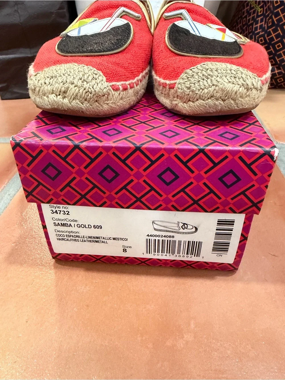 Tory Burch Red Espadrille Flats with Tropical Cocktail Appliqué